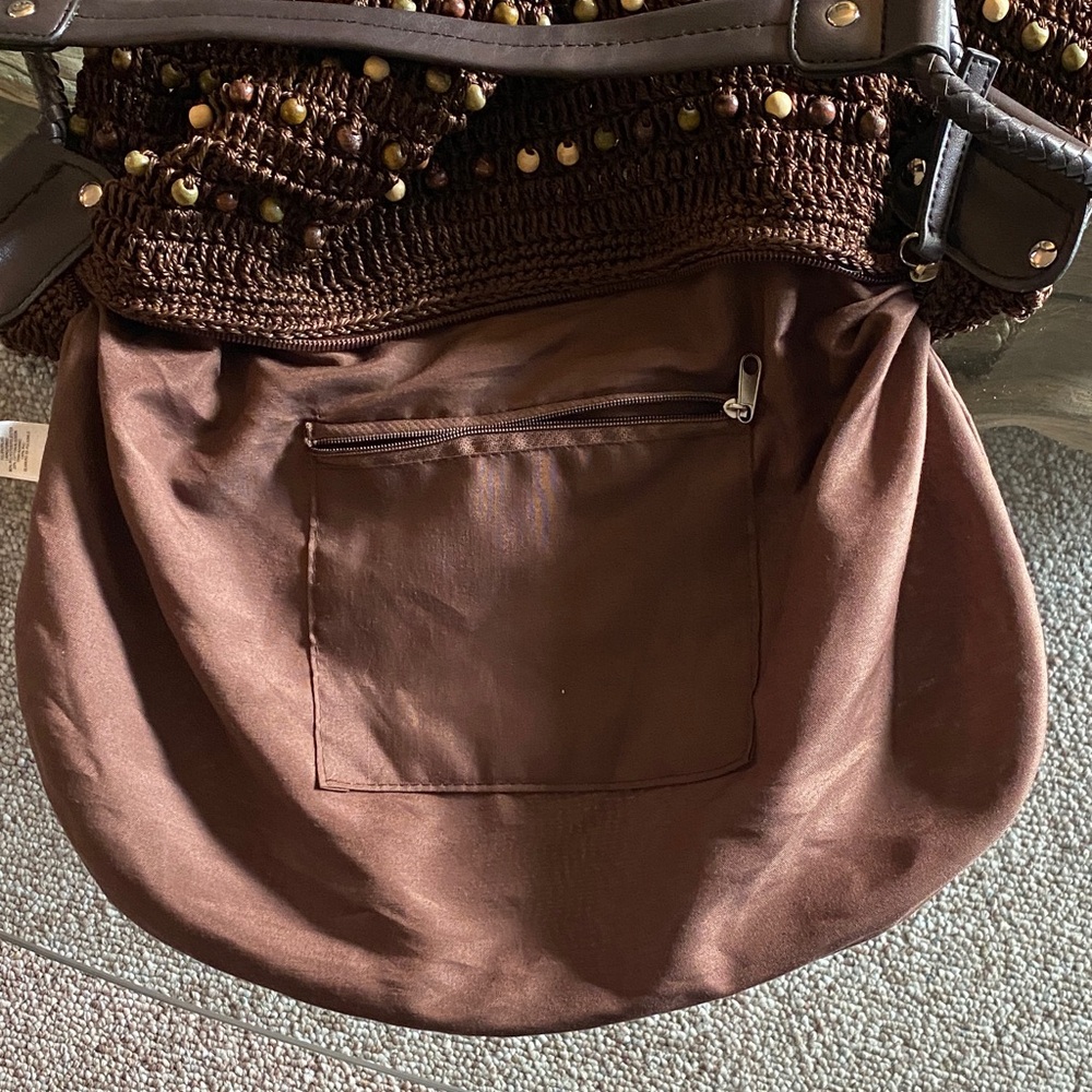 Chic Chocolate Brown Beaded Crocheted Slouchy Hobo Shoulder Bag, NWOT - Picture 9 of 14